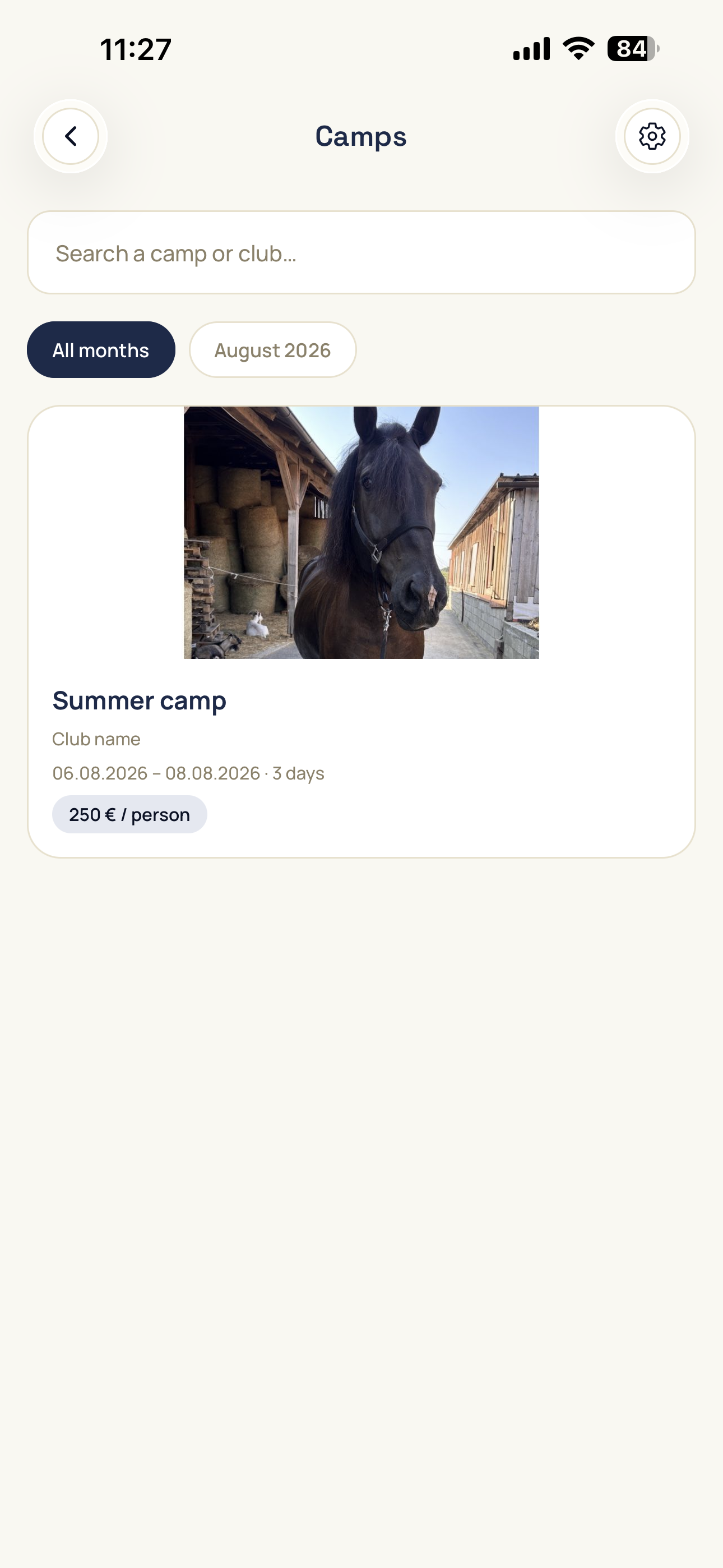 Equestrian camps in the mobile app