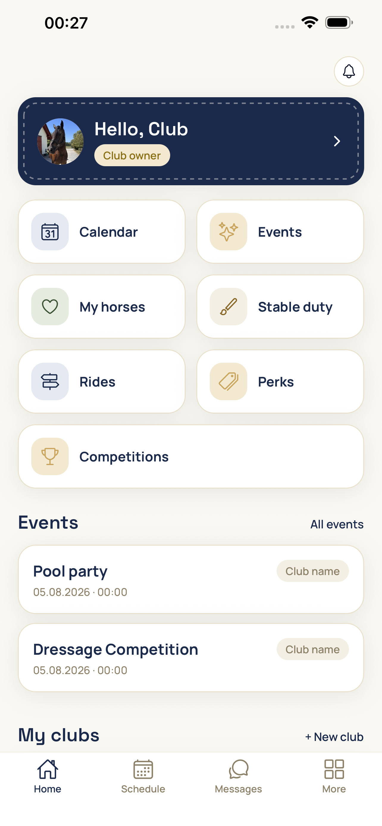 The Equestrily mobile app — home screen with the day at a glance