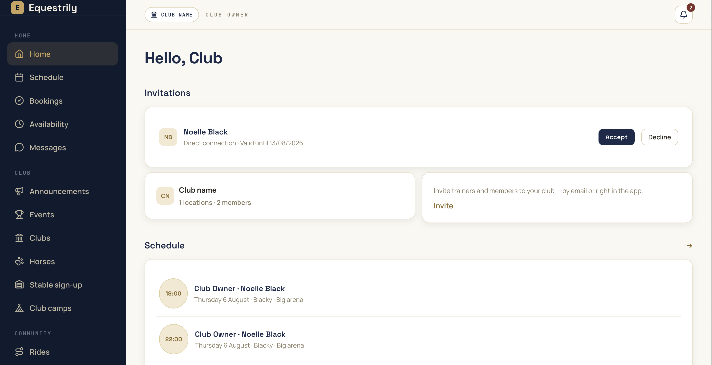 The web app — the weekly lesson schedule